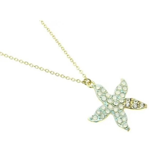Starfish Necklace Aqua Crystal Pendant 18" Beach Sea Life Island Gold Plated - Picture 3 of 8